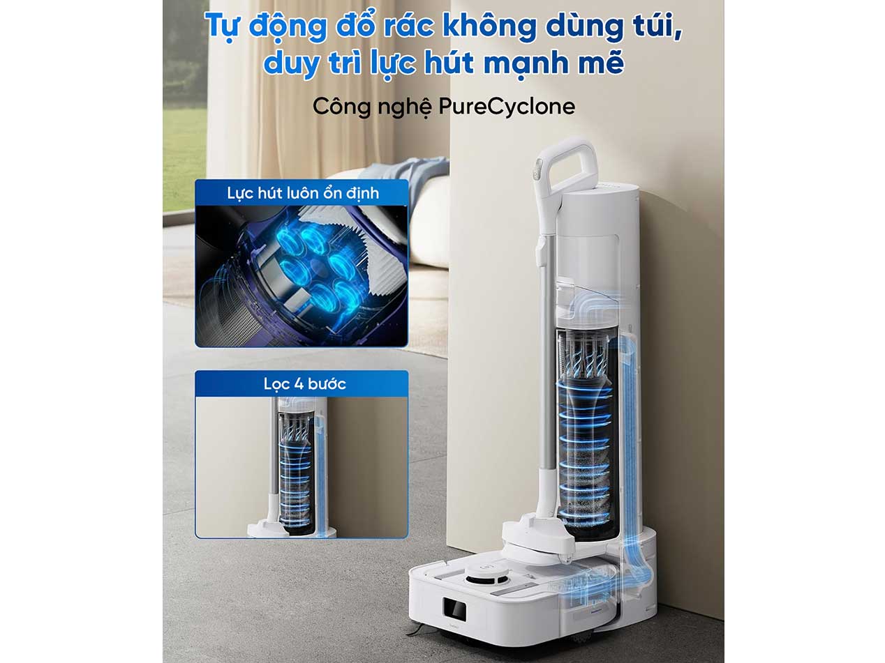 Robot hút bụi tự động đổ rác