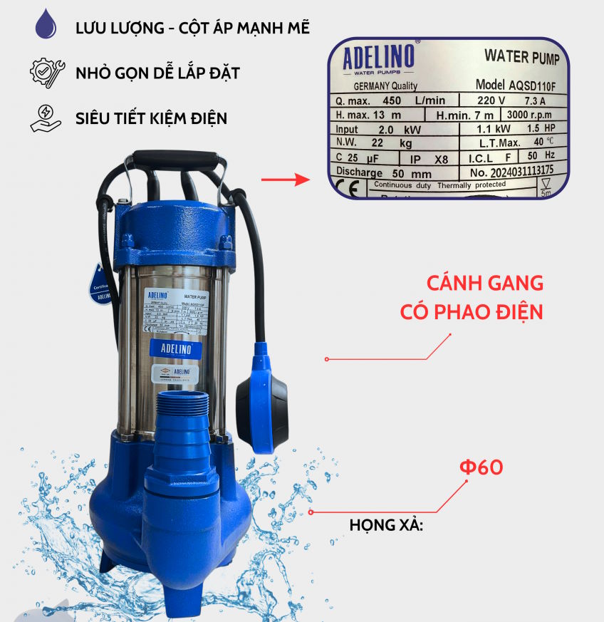 Máy bơm chìm nước thải Adelino AQSD110F (1.1 kW - 2 HP)