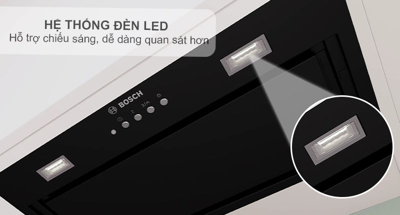 Đèn LED chiếu sáng rõ ràng, tiết kiệm năng lượng Máy hút mùi Bosch DLN78PC60