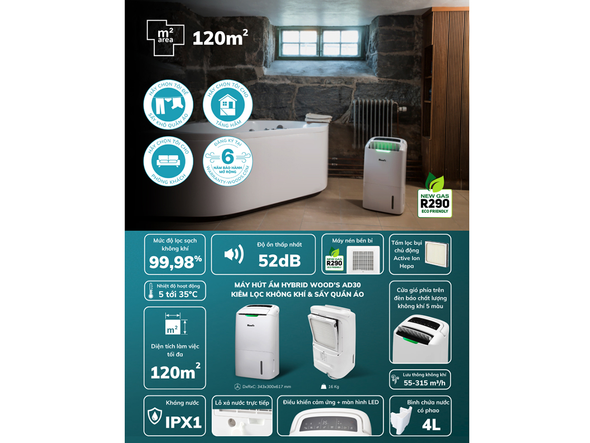 Máy hút ẩm Woods AD30 có độ ồn chỉ 52dB Máy hút ẩm Woods AD30