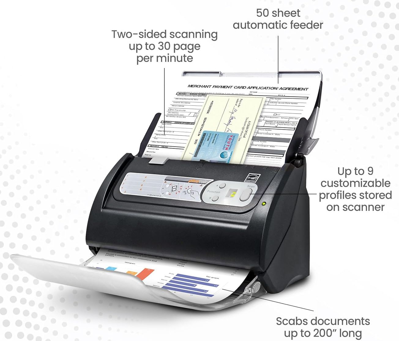 Khay nạp giấy ADF 50 tờ và tốc độ quét ấn tượng Máy scan Plustek PS188