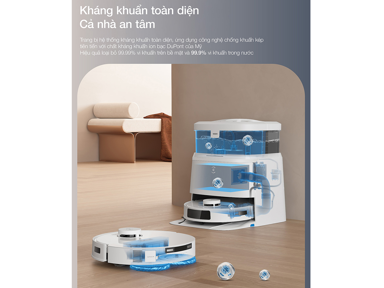 Robot hút bụi lau nhà Ecovacs có nhiệt độ nước cao khử khuẩn tốt Robot hút bụi lau nhà Ecovacs