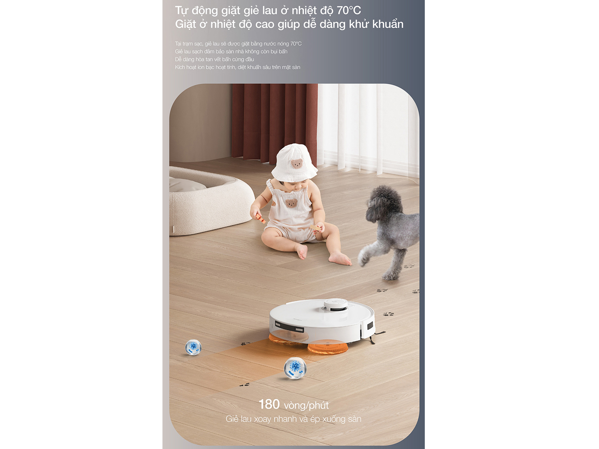 Robot hút bụi lau nhà tự giặt giẻ lau ở nhiệt độ 70 độ C Robot hút bụi lau nhà