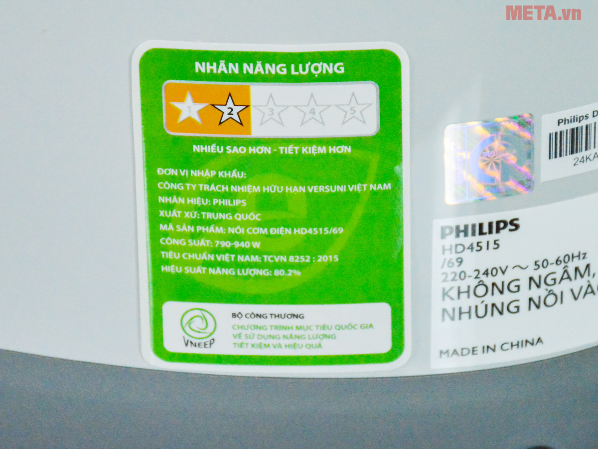 Nồi cơm điện HD4515/69 đạt nhãn năng lượng 2 sao Nồi cơm điện HD4515/69