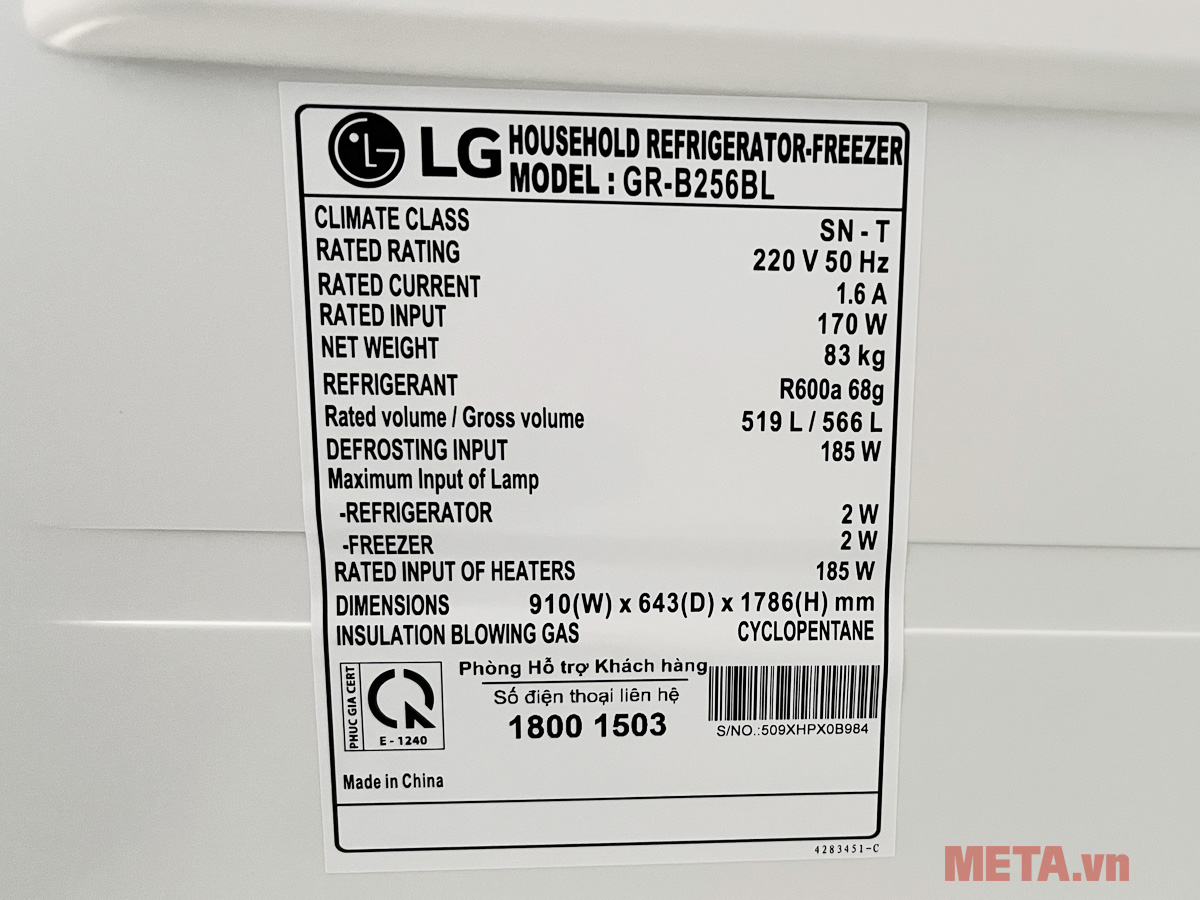 Thông số kỹ thuật Tủ lạnh LG GR-B256BL