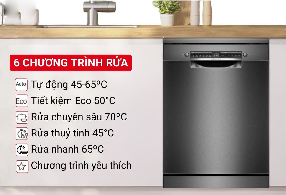 Đa dạng chương trình rửa – Linh hoạt cho mọi nhu cầu Máy rửa chén Bosch SMS4HMC25M