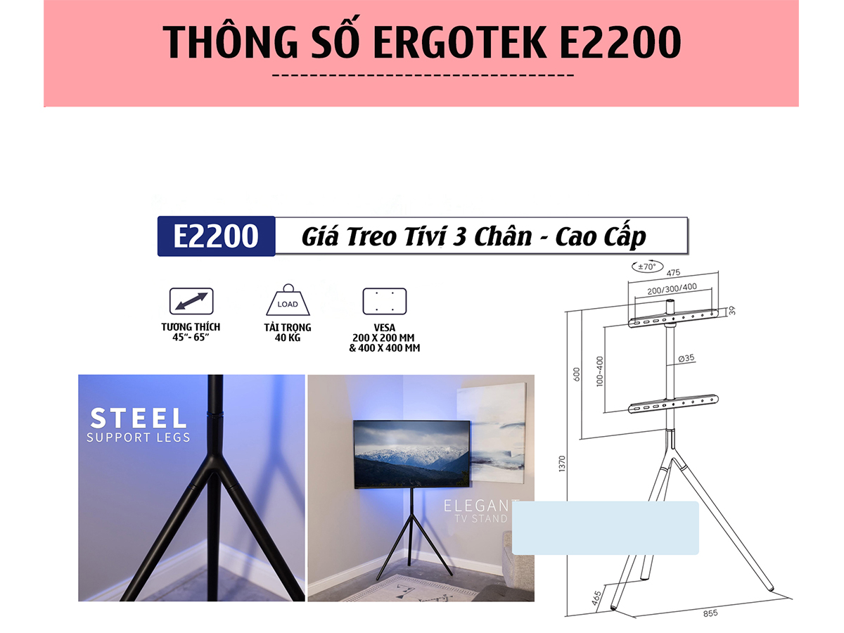 ErgoTek E2200 tương thích với vesa từ 200 x 200 mm đến 400 x 400 mm ErgoTek E2200