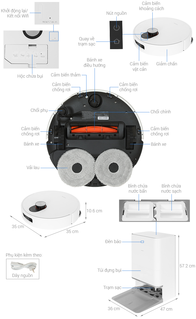 Cấu tạo và kích thước của robot hút bụi Xiaomi Vacuum 5 EU Robot hút bụi Xiaomi Vacuum 5 EU