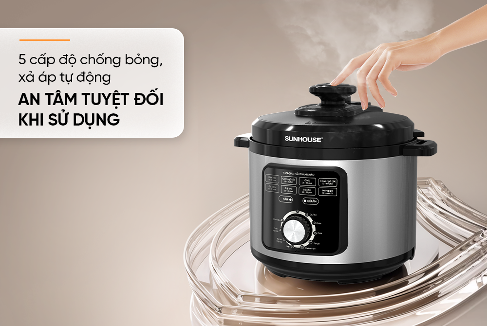 Nồi áp suất điện Sunhouse có 5 cấp độ chống bỏng Nồi áp suất điện Sunhouse