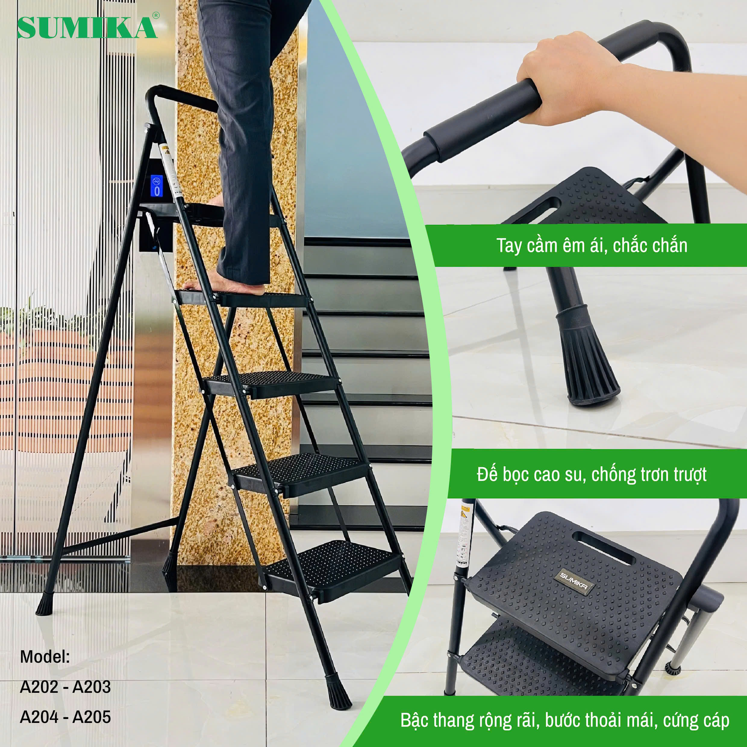 Tay vịn chắc chắn – Điểm tựa an toàn khi sử dụng Thang ghế Sumika A203