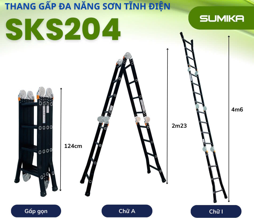 Kết cấu 4 đoạn chắc chắn – Lên xuống an toàn, thoải mái Thang nhôm Sumika SKS204