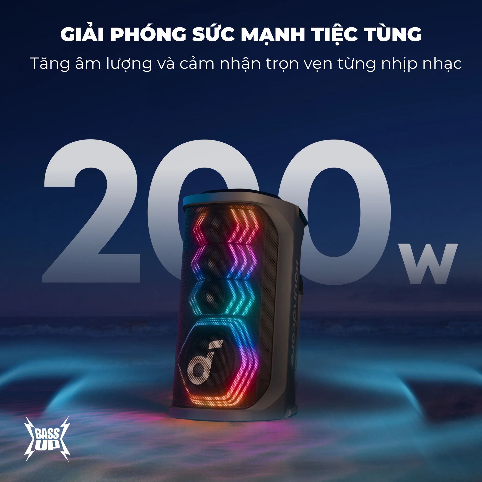 Công suất 200W mạnh mẽ – Âm thanh phủ khắp không gian lớn Loa Party Karaoke soundcore Rave 3S AI
