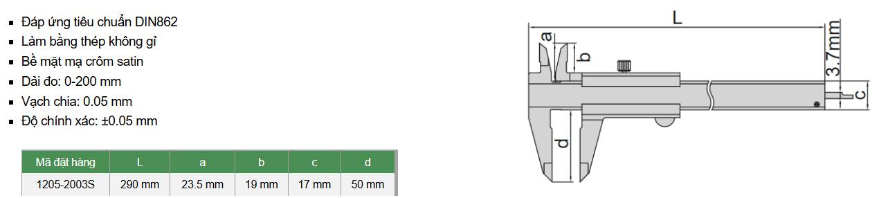Insize 1205-2003S có chiều dài thân thước là 290mm Insize 1205-2003S