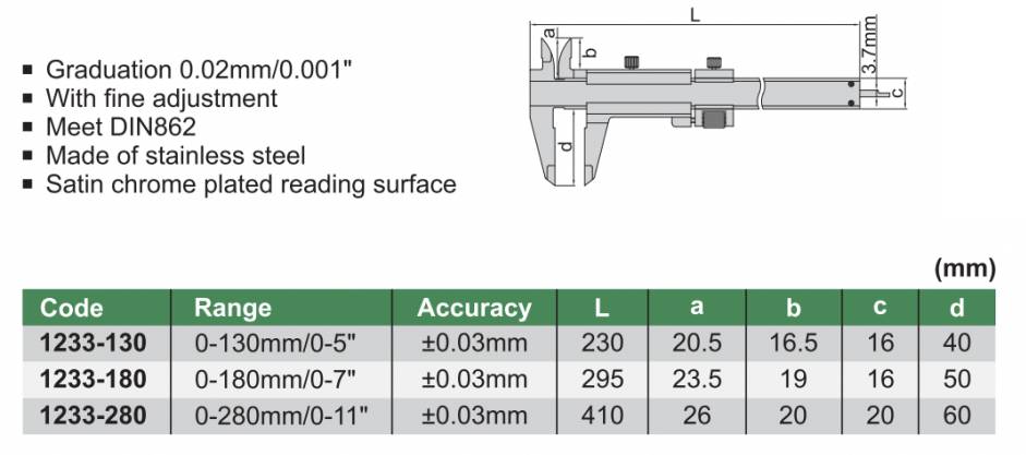 Kích thước của Insize 1233-180 Insize 1233-180
