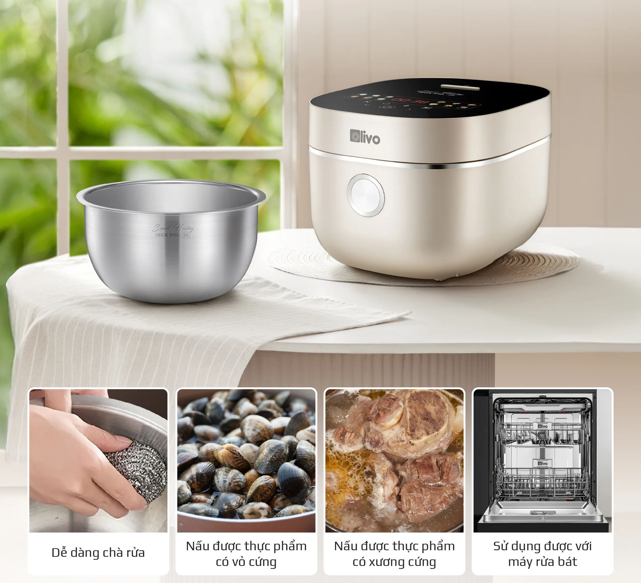 Lòng nồi Inox 316L – An toàn tuyệt đối, bền bỉ lâu dài Nồi cơm điện cao tần Olivo RC800IH