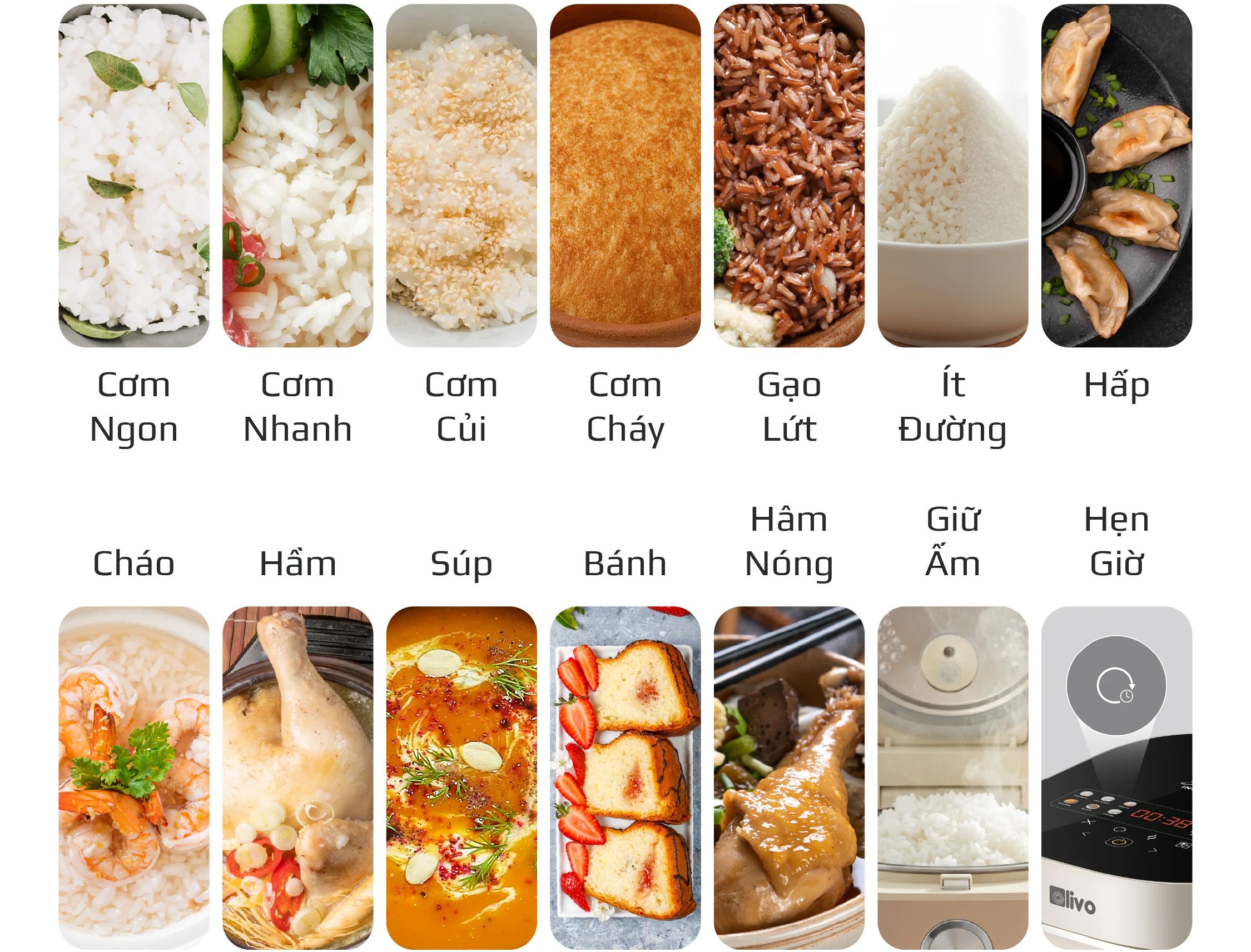 14 chế độ nấu cài sẵn – Nấu đa dạng món ngon Nồi cơm Olivo RC800IH