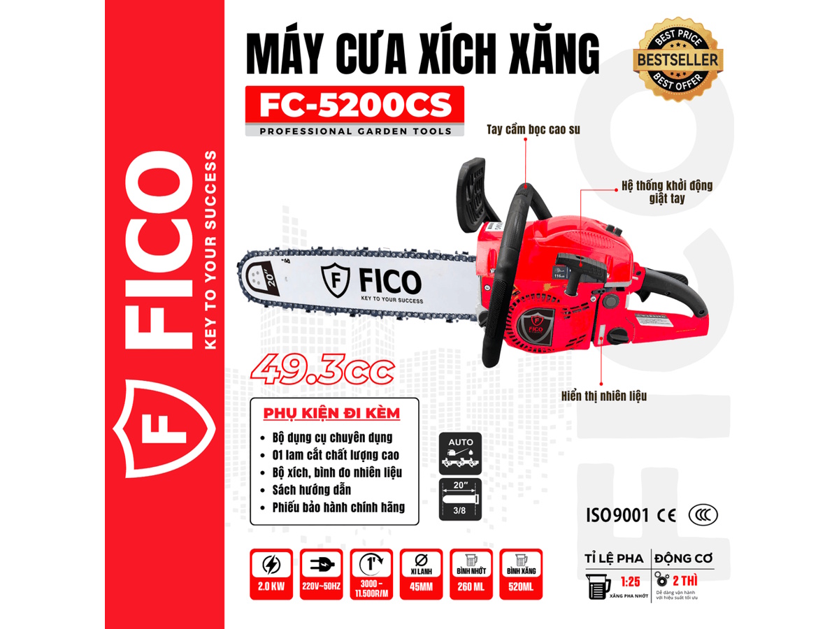 Máy cưa xích chạy xăng Fico FC-5200CS Máy cưa xích chạy xăng Fico FC-5200CS