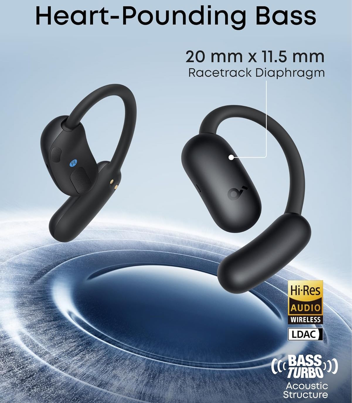 Âm thanh chi tiết, bass mạnh mẽ với driver oval 20 × 11.5 mm Tai nghe Anker Soundcore AeroFit 2