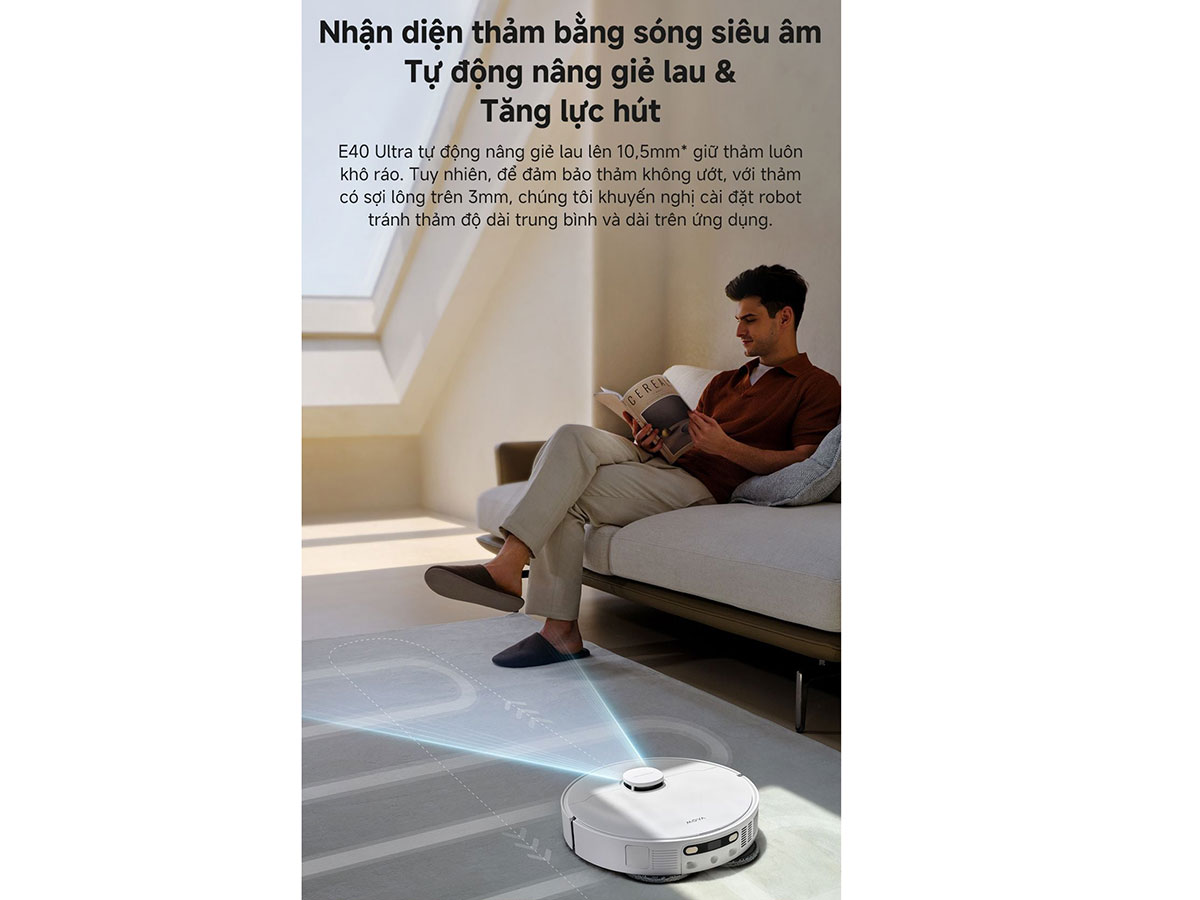 Robot hút bụi lau nhà tự động nhận diện thảm bằng sóng siêu âm Robot hút bụi lau nhà