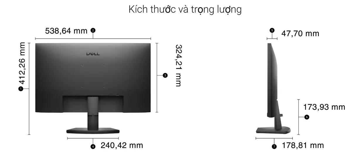 Kích thước của Dell SE2425HM Dell SE2425HM