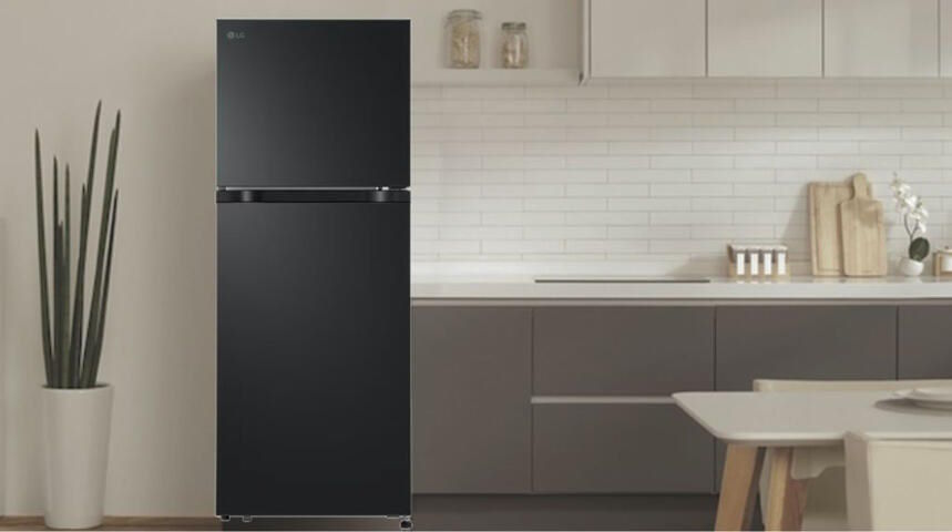 Thiết kế ngăn đá trên sang trọng, mặt gương đen hiện đại Tủ lạnh LG Inverter 217 lít T21BG