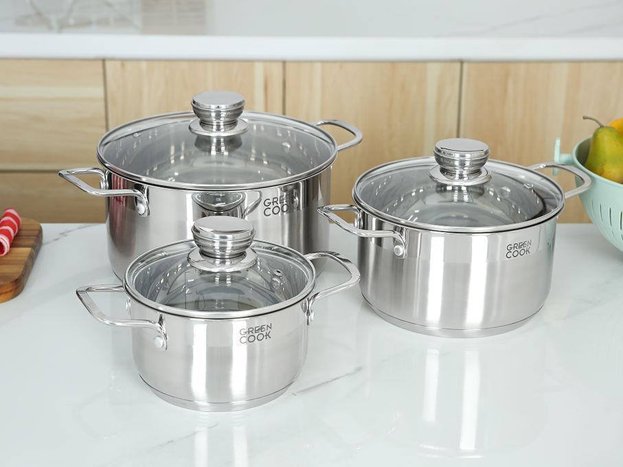Bộ nồi 3 kích thước – đáp ứng trọn vẹn nhu cầu gia đình Bộ 3 nồi inox nắp kính Green Cook GCS232-T1