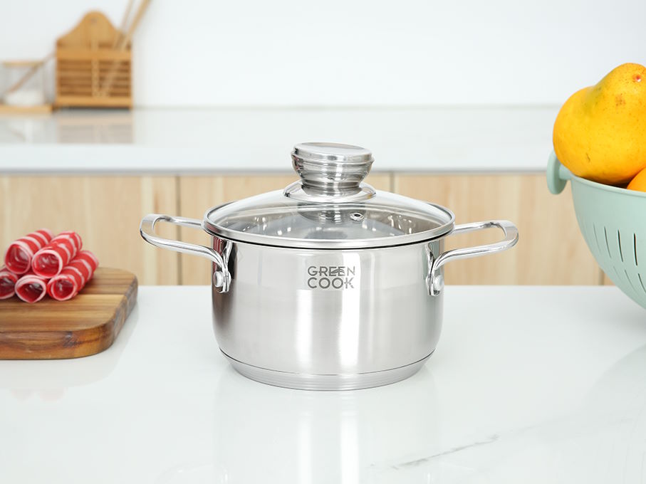 Đáy 5 lớp inox 430 – truyền nhiệt nhanh, nấu ăn hiệu quả Bộ 3 nồi inox Green Cook GCS232-T1