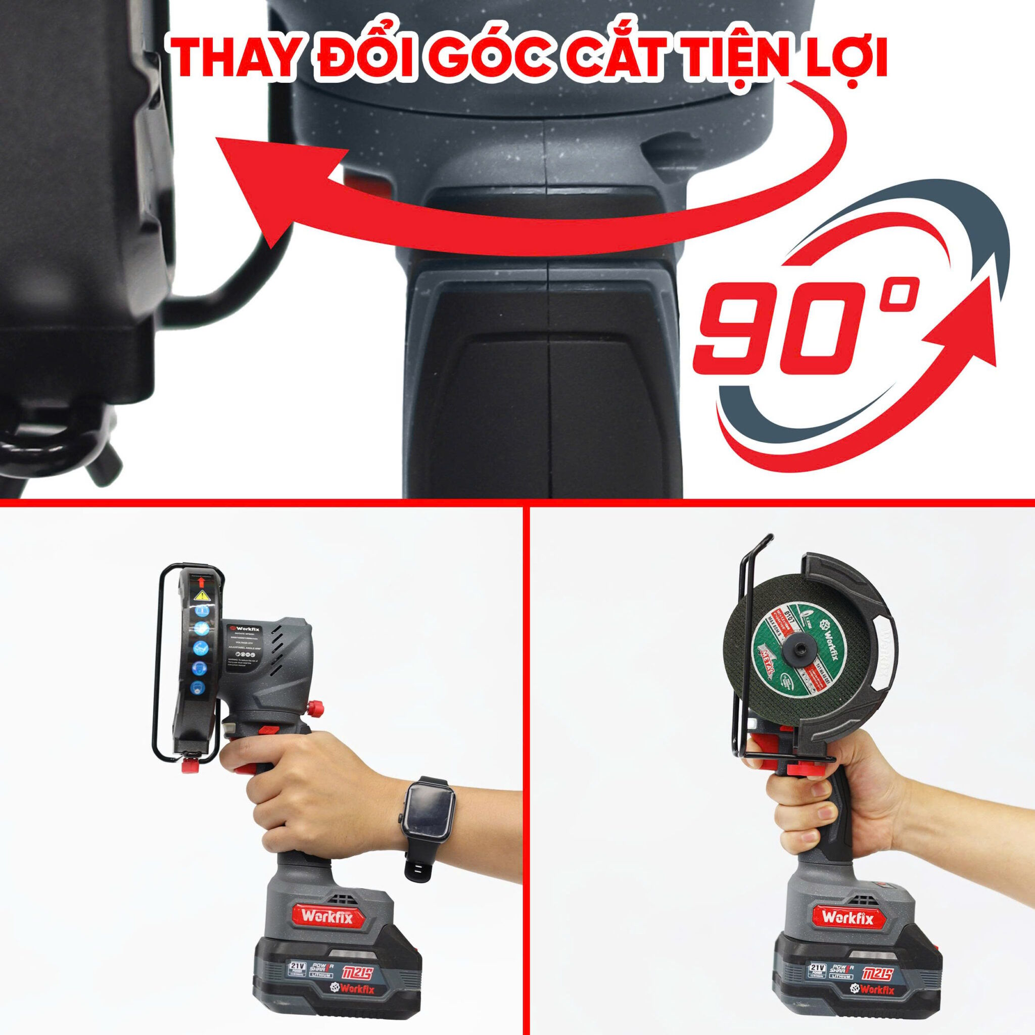 Thay đổi góc cắt linh hoạt tới 90° Máy cắt mini dùng pin Workfix WF-AG100MN