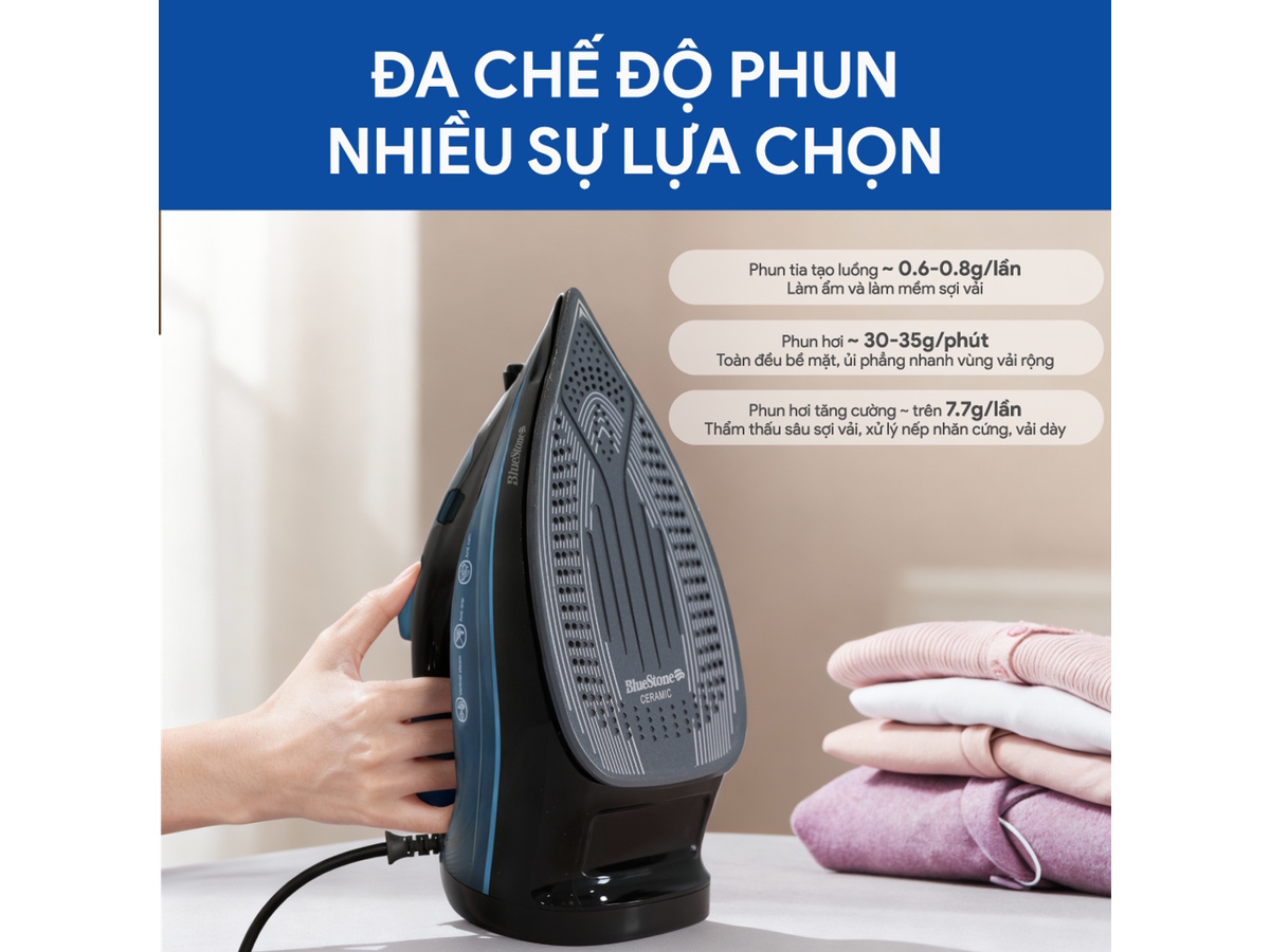 Bàn ủi hơi nước BlueStone có 3 chế độ phun Bàn ủi hơi nước BlueStone