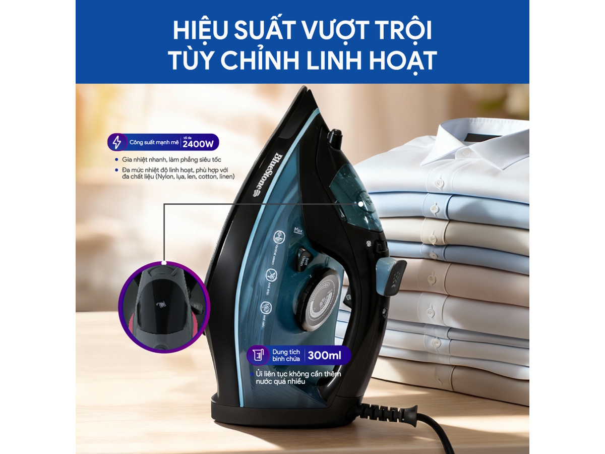 Bàn ủi hơi nước có công suất tối đa 2.400W Bàn ủi hơi nước