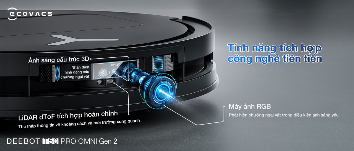 DEEBOT T50 PRO OMNI Gen 2 có máy ảnh phát hiện chướng ngại vật trong điều kiện ánh sáng yếu DEEBOT T50 PRO OMNI Gen 2