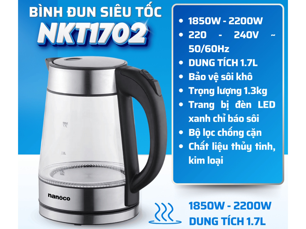 Bình đun siêu tốc thủy tinh Nanoco NKT1702