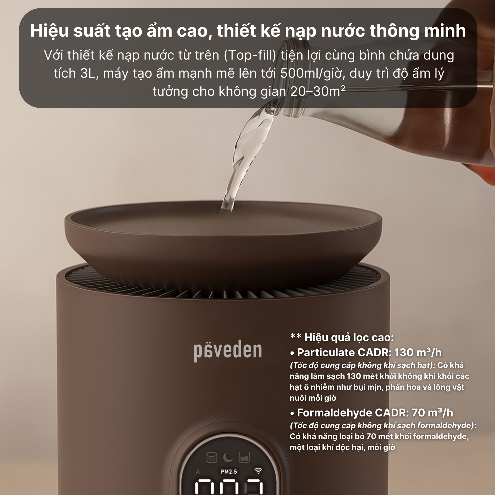 Công nghệ tạo ẩm thông minh – Giữ không gian luôn cân bằng độ ẩm Máy lọc không khí Paveden PAP-HF316T