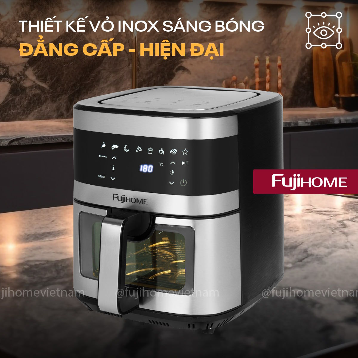 Thiết kế inox cao cấp – Sang trọng, bền bỉ và dễ vệ sinh Nồi chiên không dầu Fujihome A10DG2 10Lít