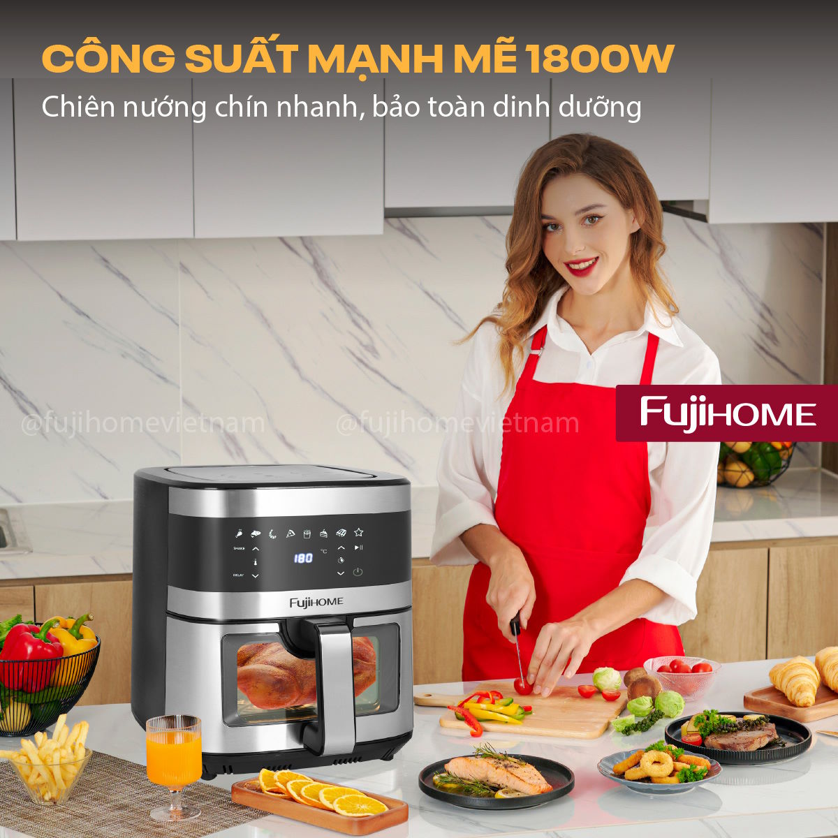 Công suất mạnh mẽ 1.800W – Nấu nhanh, tiết kiệm thời gian Nồi chiên không dầu Fujihome