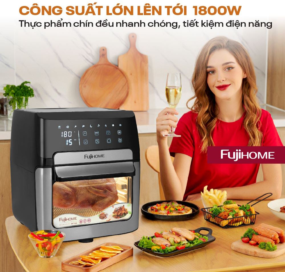Dung tích lớn 12 lít, công suất mạnh mẽ 1.800W Nồi chiên không dầu Fujihome A12DB