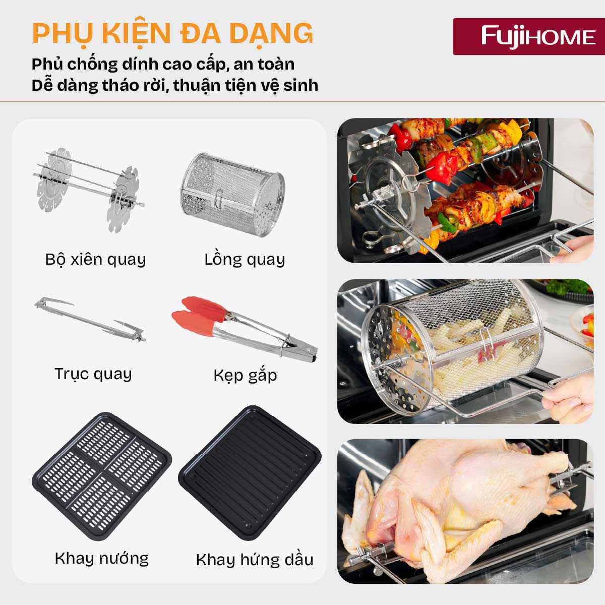Phụ kiện đa dạng, cao cấp – Linh hoạt chế biến nhiều món Nồi chiên không dầu Fujihome