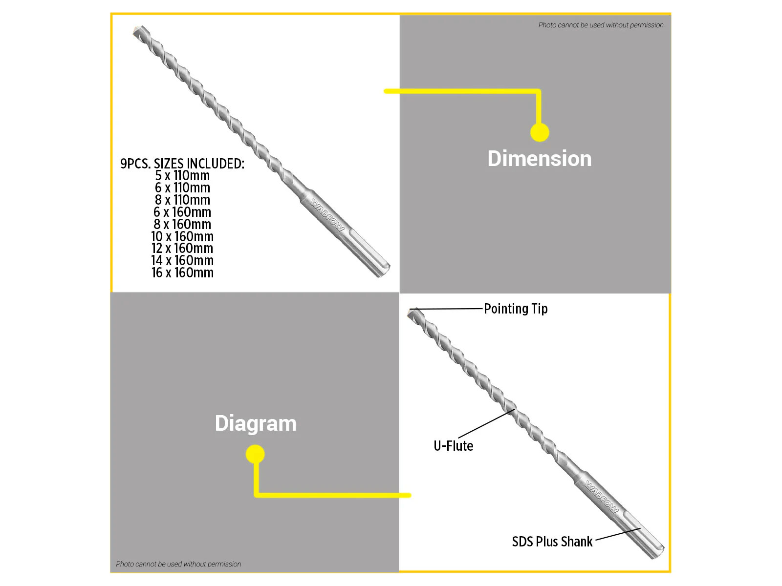 Bộ 9 mũi khoan bê tông SDS Plus Wadfow WHD6509 Bộ 9 mũi khoan bê tông SDS Plus Wadfow WHD6509
