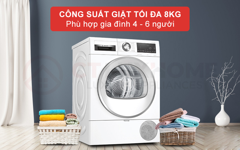 Dung tích sấy 8kg – Phù hợp nhiều nhu cầu gia đình Máy sấy quần áo bơm nhiệt Bosch Serie 6 WQG233C90