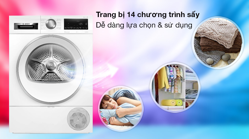 14 chương trình sấy chuyên biệt cho từng loại vải Máy sấy quần áo bơm nhiệt Bosch WQG233C90