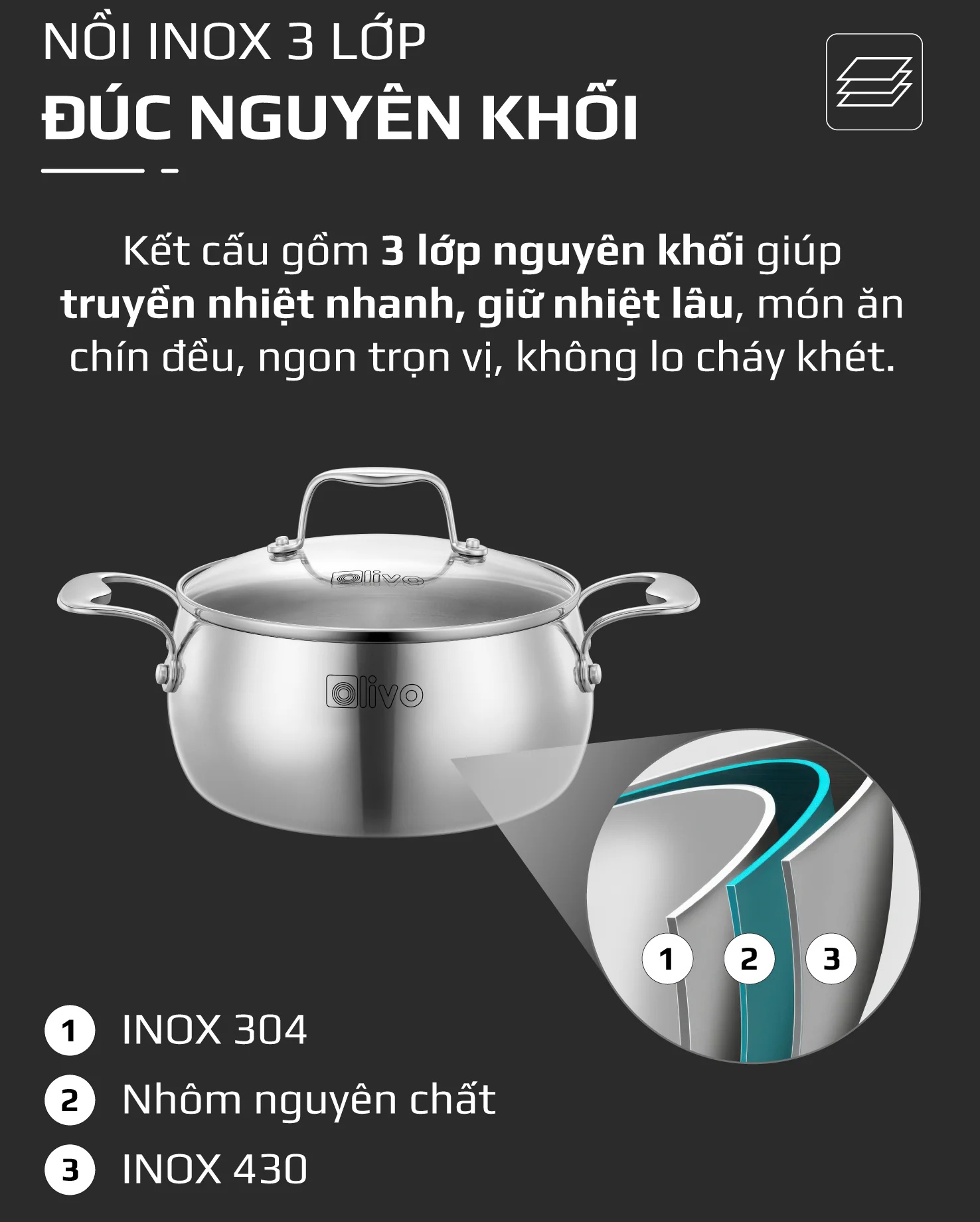 Nồi inox gồm 3 lớp nguyên khối Nồi inox