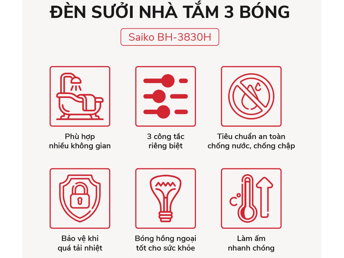Đèn sưởi nhà tắm BH-3830H có tính năng an toàn cao Đèn sưởi nhà tắm BH-3830H