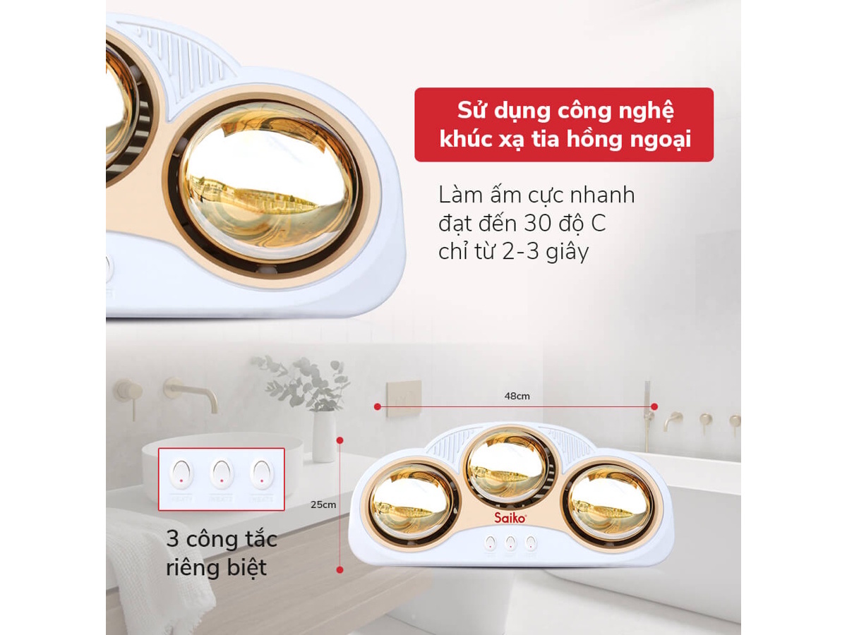 Đèn sưởi nhà tắm có 3 bóng làm ấm nhanh chỉ sau 30 giây Đèn sưởi nhà tắm 3 bóng