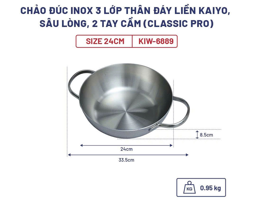 Chảo đúc inox 3 lớp thân đáy liền Kaiyo Classic Pro KIW-6889 