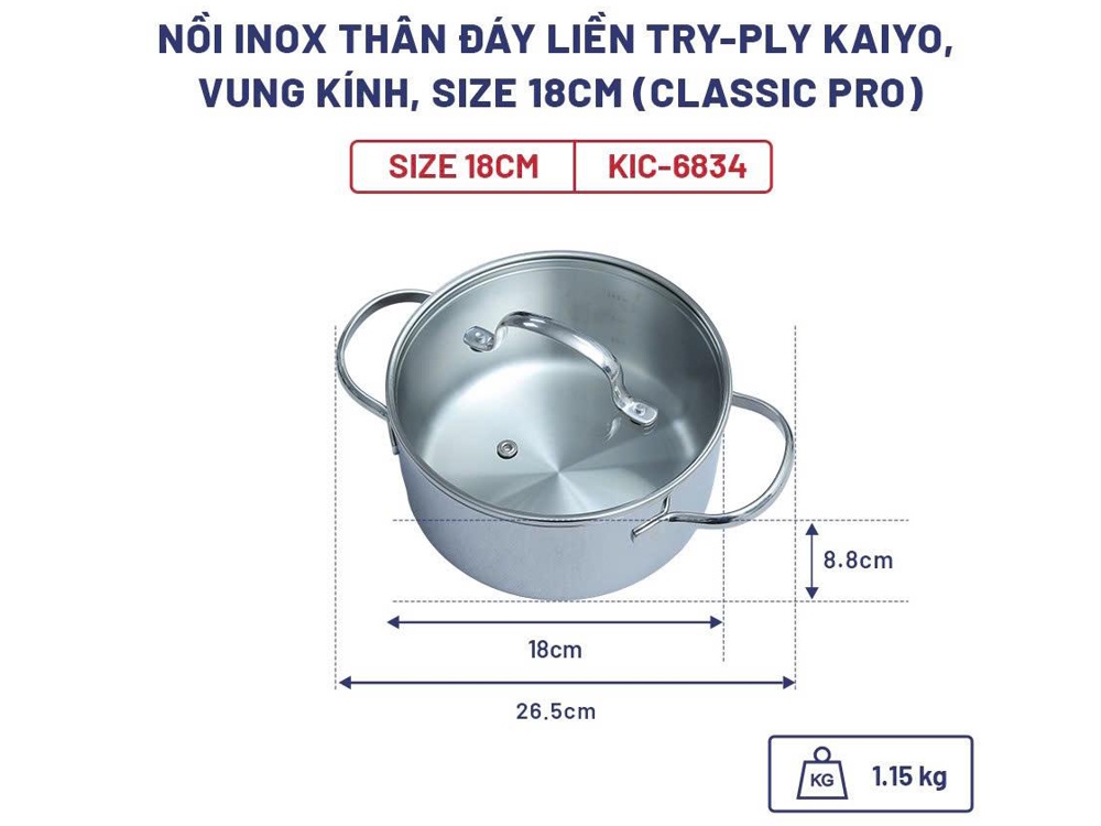 Nồi inox thân đáy liền Try-Ply Classic Pro Kaiyo 18cm KIC-6834 Nồi inox thân đáy liền Try-Ply Classic Pro Kaiyo 18cm KIC-6834