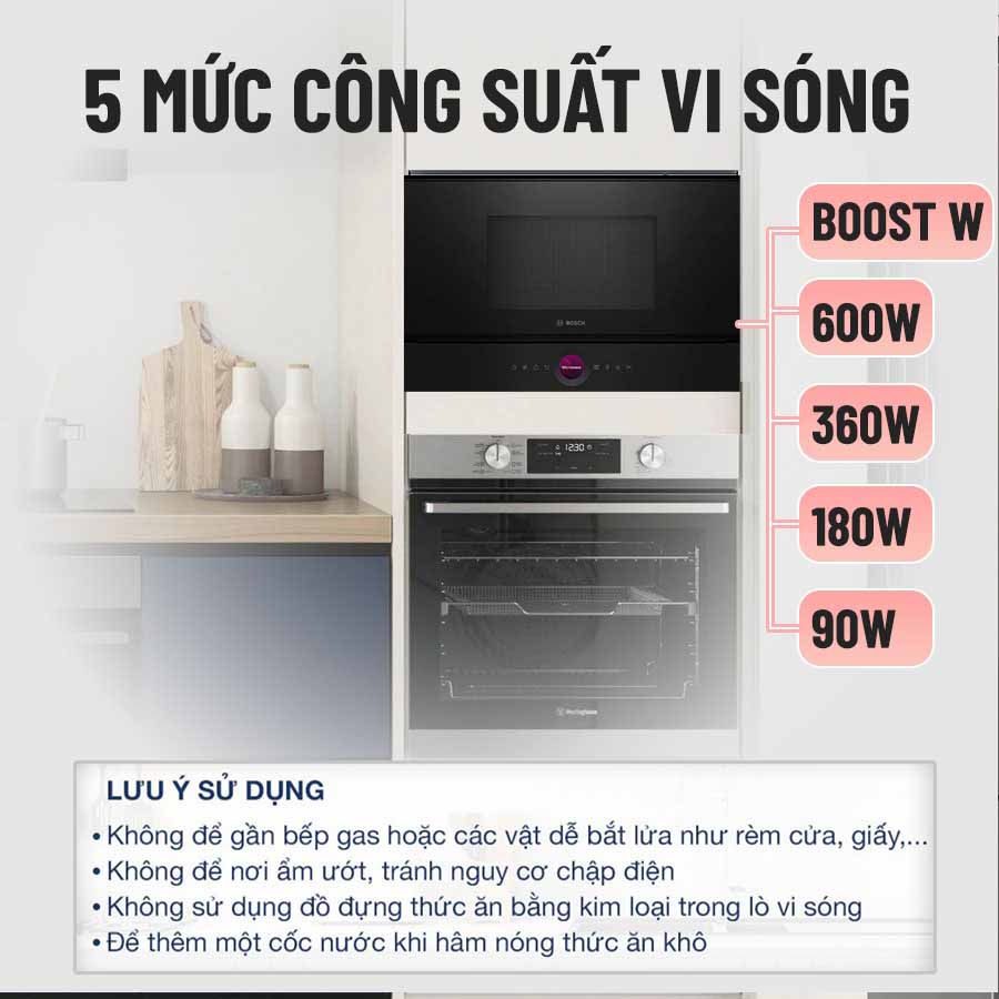 Công suất mạnh mẽ, nấu nướng nhanh và chính xác Lò vi sóng âm tủ kèm nướng Bosch BEL7321B1