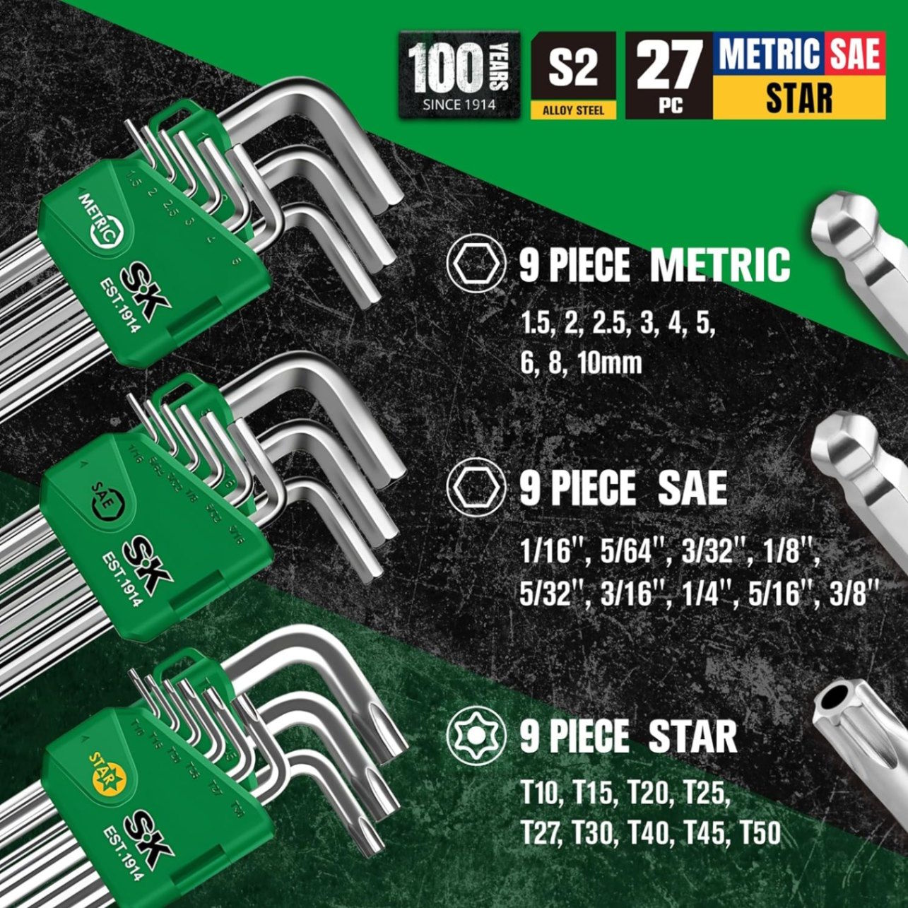 Bộ lục giác sao bi dài 27 chi tiết SK Tools SK01473