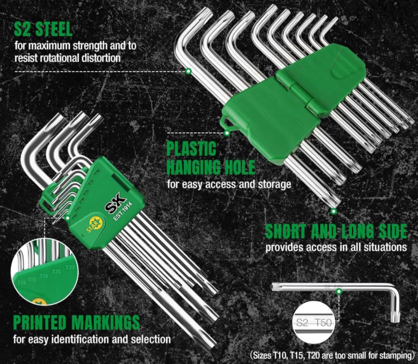 Chất liệu thép S2 cao cấp – Độ cứng và độ bền vượt trội Bộ chìa vặn lục giác tay dài 9 chiếc T10-T50 SK Tools SK01519