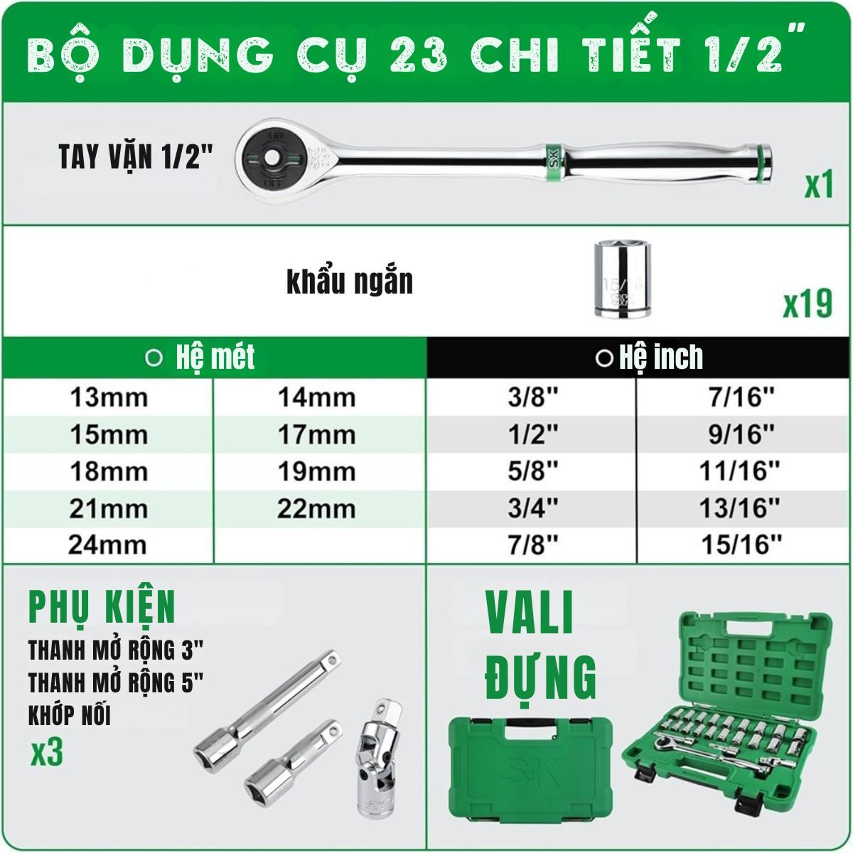 Trang bị đầy đủ đầu khẩu hệ mét và hệ inch thông dụng Bộ dụng cụ vặn bu lông 23 chi tiết 1/2inch SK Tools SK01355