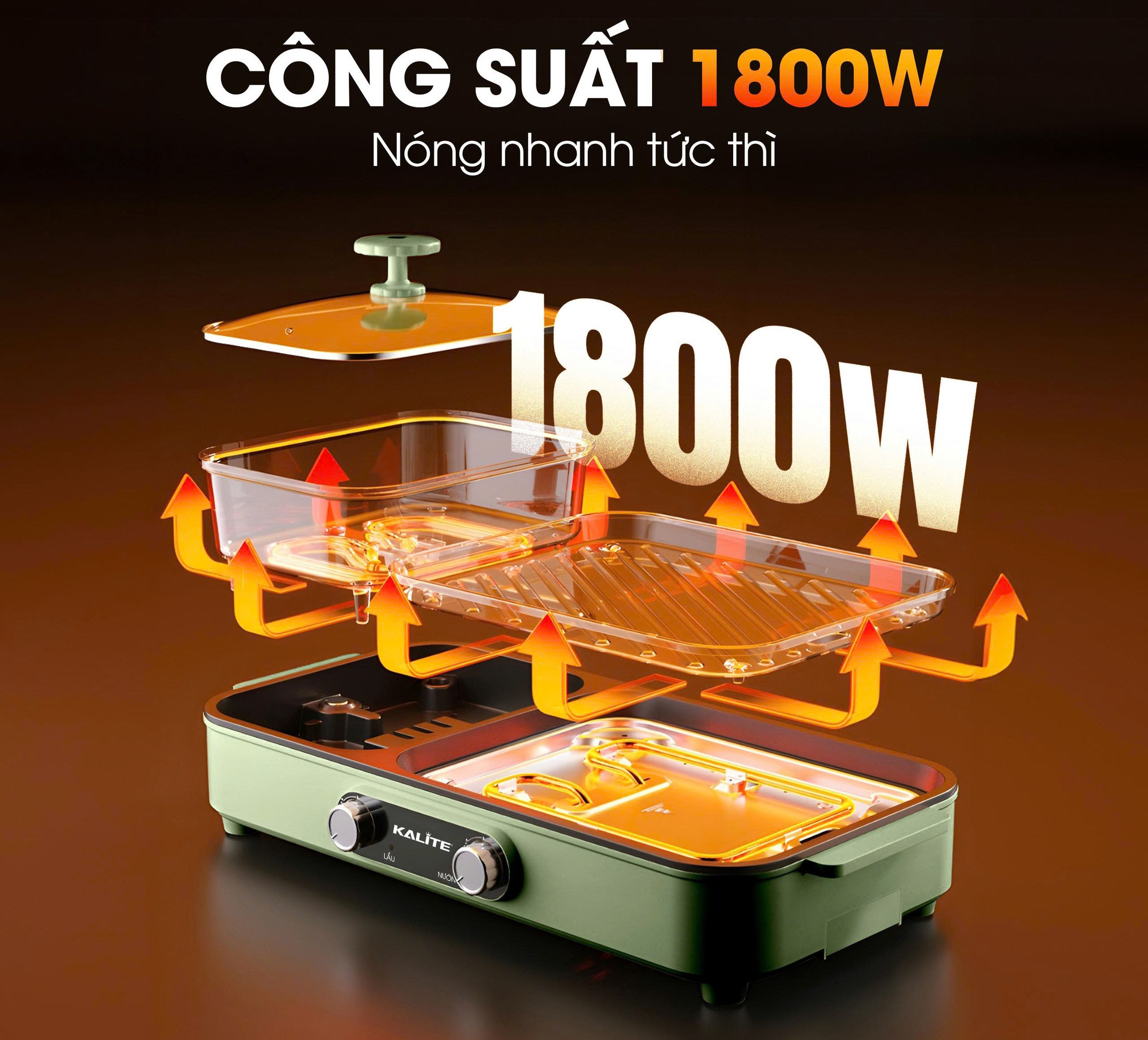 Công suất 1.800W – Gia nhiệt nhanh, giữ nhiệt ổn định Bếp lẩu nướng 2in1 Kalite KLG333